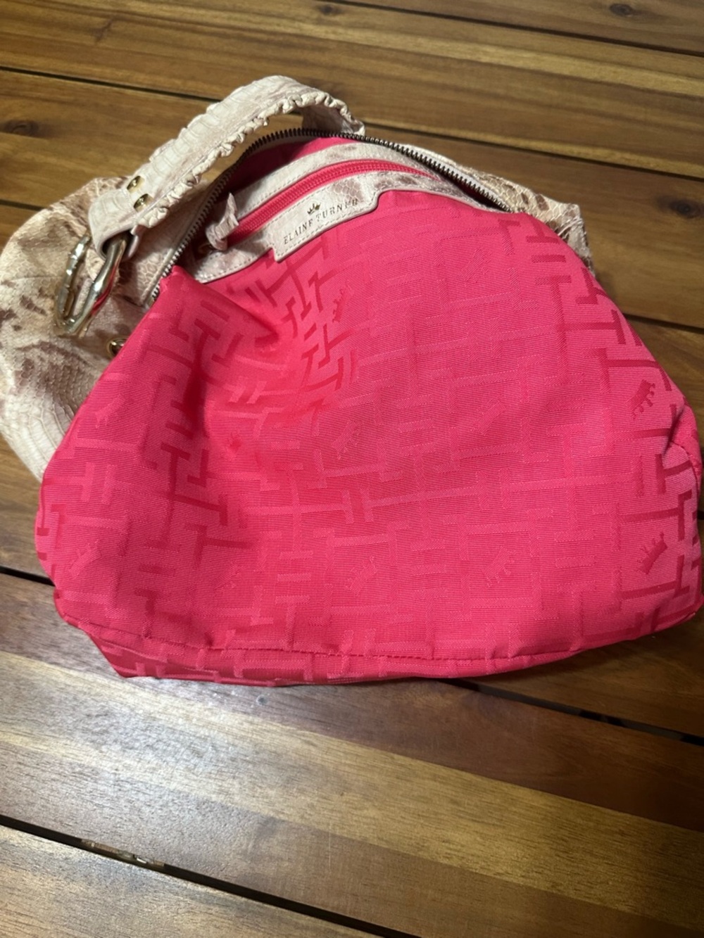 Elaine Turner Beige Leather Snake-Print Shoulder Bag with Gold Ring - Picture 8 of 10